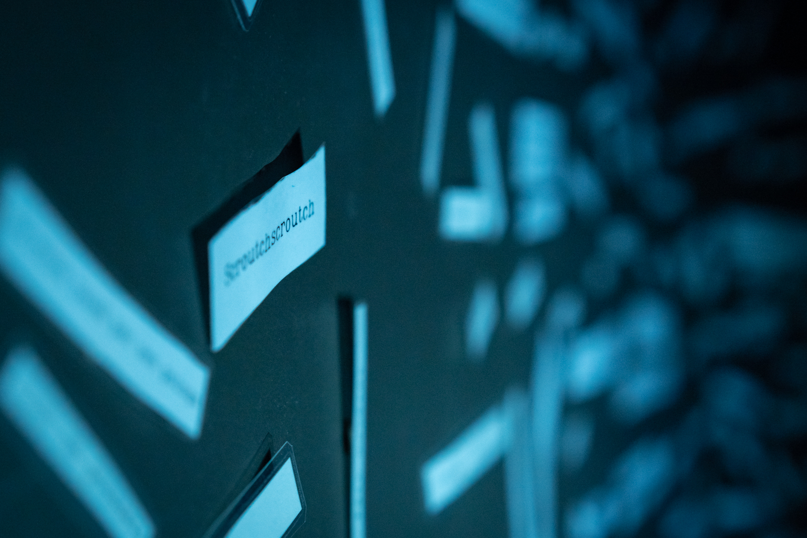 Gros plan sur des mots collés sur un mur sombre, avec un éclairage bleuté.