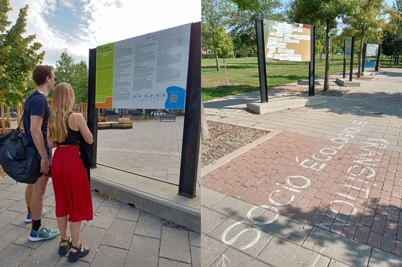 Deux personnes regardent un panneau explicatif de l'exposition. Au sol, à la craie, on lit les mots «Transition socioécologique».