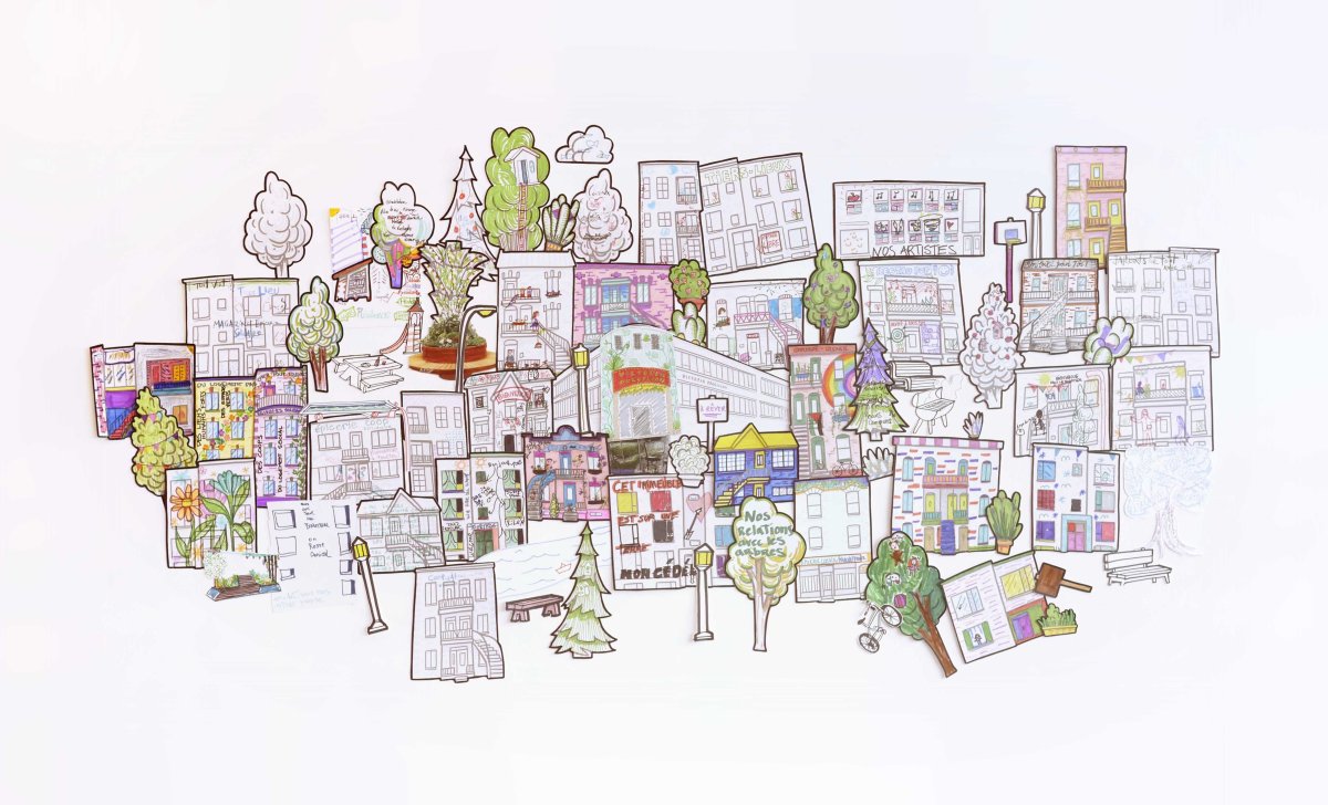 Dessin collectif co-créé par les participant.e.s à la journée d'étude de la CDC Centre-Sud autour du bâtiment de Victoria Precision.